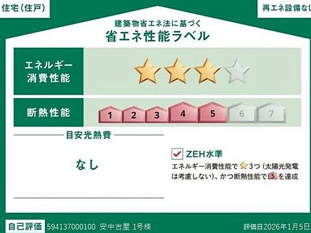 【【省エネ性能ラベル】】こちらの物件はZEH水準を満たした、省エネ性能に優れた物件です。　光熱費を抑えて暮らすことができるだけでなく、「熱の入りにくさ・逃げにくさ」という観点でも影響を受けにくい建物のため、長く快適にお過ごしいただけます♪　※本ラベルは特定の住戸の性能を示すものであり、全ての住戸の性能を示すものではありません。