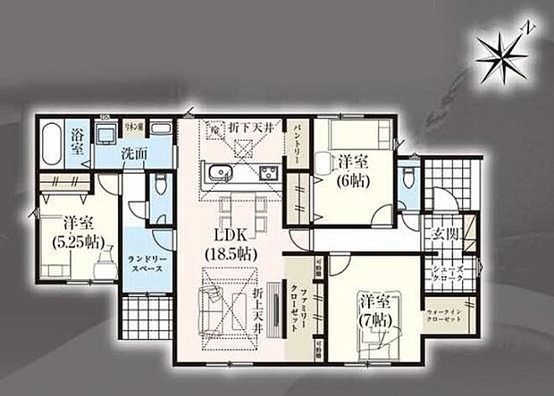 【3LDK】家事動線がコンパクトで移動がスムーズな平屋プラン♪
LDKを中心とした作りでご家族が自然と集まるお住まいです☆
パントリーやファミリークローゼットなど暮らしが整う豊富な収納スペースを完備◎