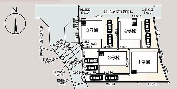 【全体区画図】全4棟☆駐車スペースは2台分確保！
落ち着いた雰囲気の閑静な住宅地◎
小中学校まで徒歩9分圏内♪
お子様の通学にも安心です☆