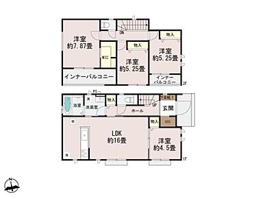 約16帖の広々LDKに洋室が隣接し使い勝手良好♪
2階にはWIC付きの洋室や雨の日でも安心のインナーバルコニーを配置！
全室南向きで陽光満ちる心地良いゆとりの邸宅♪ 