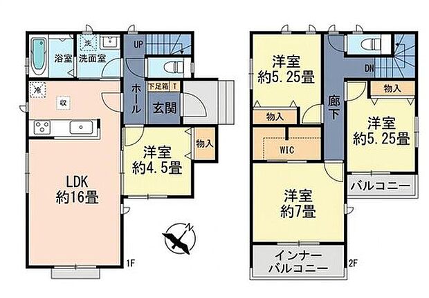 【4LDK】LDK16帖＋1階洋室♪家族で使いやすい4LDK！
主寝室にはWICを備え、各居室の収納もしっかり確保☆
バルコニーは2つあり、洗濯物を干す場所を使い分けられるのも嬉しいポイントです◎