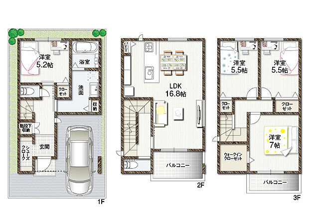 【B号地参考プラン】4LDK+駐車スペース
●敷地面積／約60.76m2（約18.37坪）
●建延面積／約105.09m2（約31.78坪）