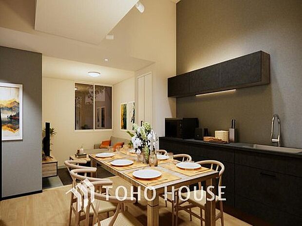 【リビングダイニング（パース）※夜バージョン】レストランに来たかのようなお洒落なライティングプラン。この空間で食べるご飯は格別でしょう♪