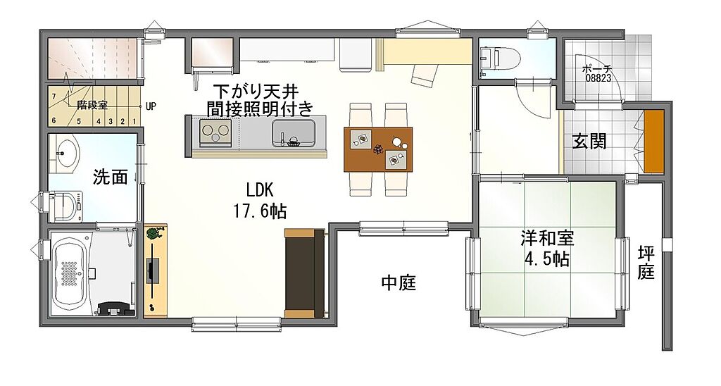 1階平面図。おしゃれな和室と間接照明付きリビング。各居室エアコン付き。開放感のあるキッチンです♪