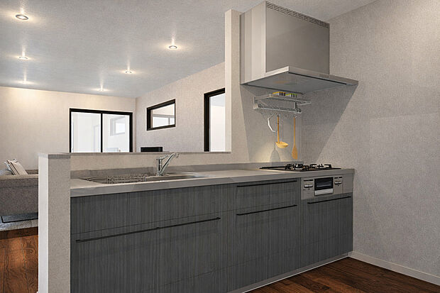 【2号地内観イメージパース/LDK 18帖】【2号地】建物プラン例：建物価格1929万円、建物面積89.10m2　リビングが見渡せるカウンターキッチンです！家事をしながらご家族と一日の出来事を話したり！