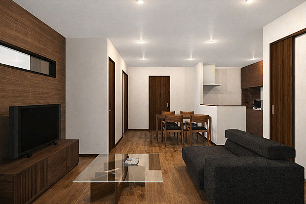 【1号地内観イメージパース/LDK 18.25帖】【1号地】建物プラン例：建物価格1929万円、建物面積89.31m2　大型テレビも置ける18帖超の広々リビングは、陽当りが良く、部屋いっぱいに明るい陽光が広がります。