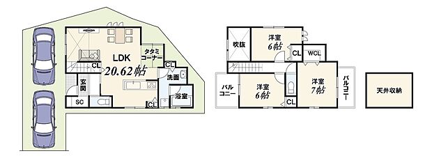 【１2号地：新築参考プラン】■土地2170万円（102.13ｍ2）■建物2139万円（92.75ｍ2）　南東向きで日当たり＆通風良好！リビング２０帖＆全居室６帖以上を確保したゆとりのある間取り！