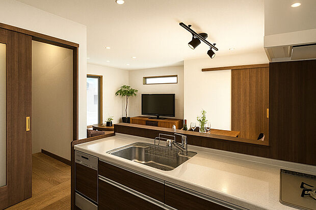 【【キッチン】※2号地イメージパース】リビングが見渡せるカウンターキッチンです!家事をしながらご家族と一日の出来事を話したり!コミュニケーションが取りやすく、家族の存在を近くに感じます!