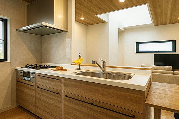 【【内観パース:キッチン】】リビングを見渡すことができる対面キッキンは、家事をしていても家族の様子が見えて安心感があります。