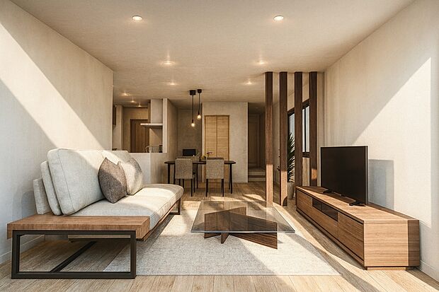 【【パース図:リビング】】大切なご家族が集まるからこそLDKはこだわりたい!休日は光をたっぷりと取りこめるリビングでゆったりと過ごしませんか。リビングイン階段を採用!(※実際の色味や材質とは異なる場合がございます)