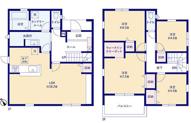 【4LDK+WIC】4LDK+WIC（LDK18.2畳、洋室7.5畳、洋室6.5畳、洋室4.5畳、洋室4.5畳）