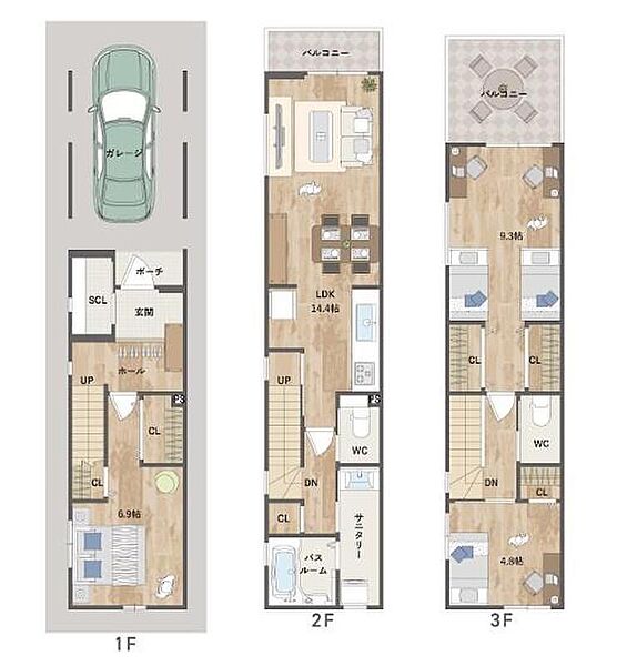 【間取図】
敷地の形状を活かした3階建3LDKの間取り。2階にLDKと水回りを集約した家事動線良好な設計です◎3階バルコニーは奥行きがあり、椅子やテーブルを出してセカンドリビングとしても活用可能です。