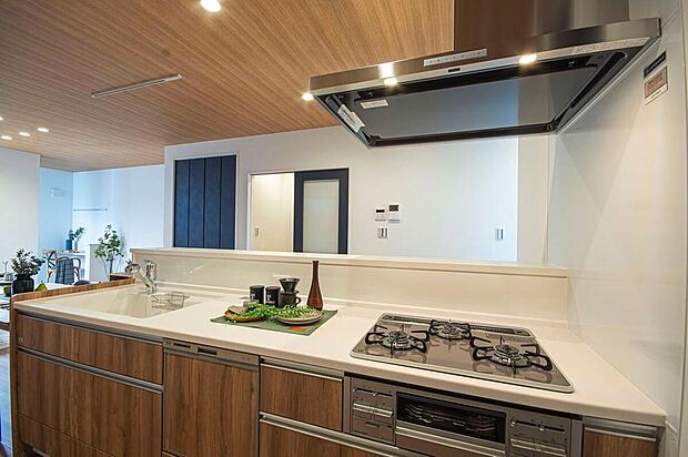 【本分譲地に建築可能な建物プラン例】
コンロ前に壁がなく、家族とのコミュニケーションを取りやすい、サイドマントルタイプのレンジフードです。《分譲地外:建物面積101.85m2、建物価格1740万円》