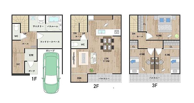 【2号地・参考プラン図】
約17帖の開放感溢れる2階LDKプラン。室内随所に収納を設けており、すっきりと整う暮らしが叶います。《建物面積94.57m2、建物価格1698万円》