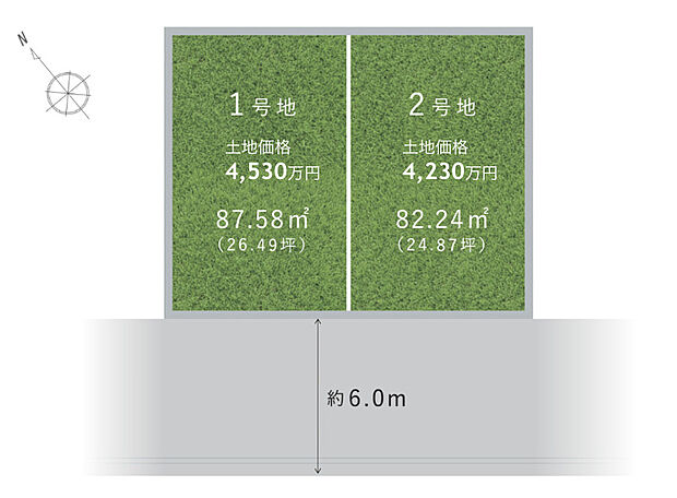 【全体区画図】
完全自由設計対応の限定2区画。幅員約6.0mの南西道路に面しており、陽光豊かなプランニングが可能です。小中学校、幼保施設、公園が徒歩6分圏内にあり、子育て環境が整っています。