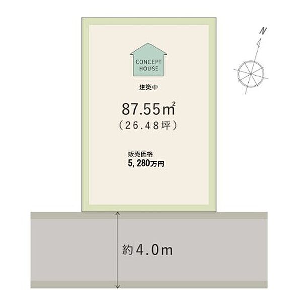 【全体区画図】
土地面積87.55m2(約26.48坪)。平坦な地勢で、通行しやすいエリア。南側道路に接道しているため、陽光を取り入れやすい立地です。