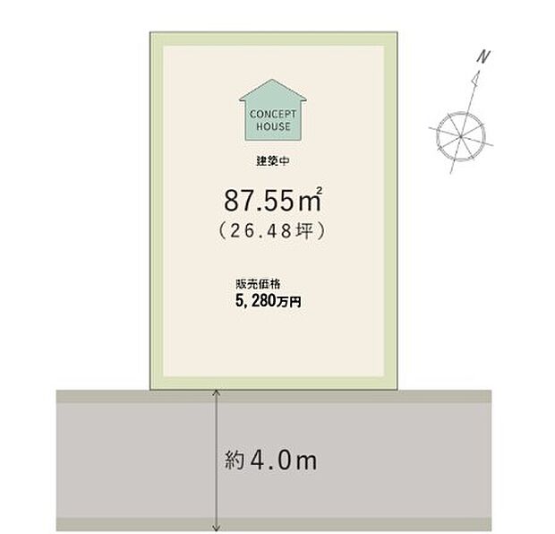 【全体区画図】
土地面積87.55m2(約26.48坪)。平坦な地勢で、通行しやすいエリア。南側道路に接道しているため、陽光を取り入れやすい立地です。