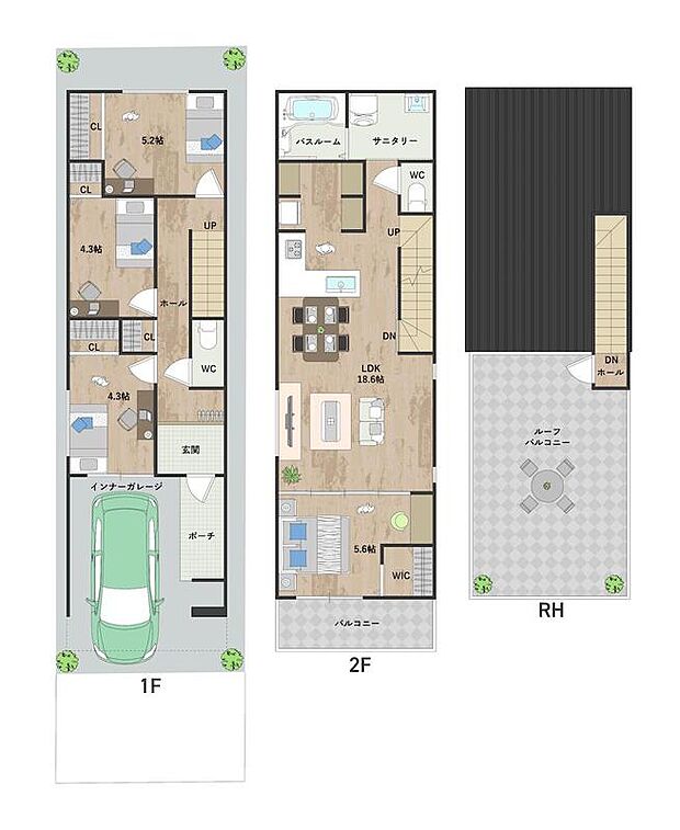 【2号地・参考プラン図】2階LDKには約5.6帖の洋室が隣接。シーンにあわせて一体利用が可能です。広々ルーフバルコニーはご家族の憩いの空間としても◎《建物面積96.99m2、建物価格2039万円》