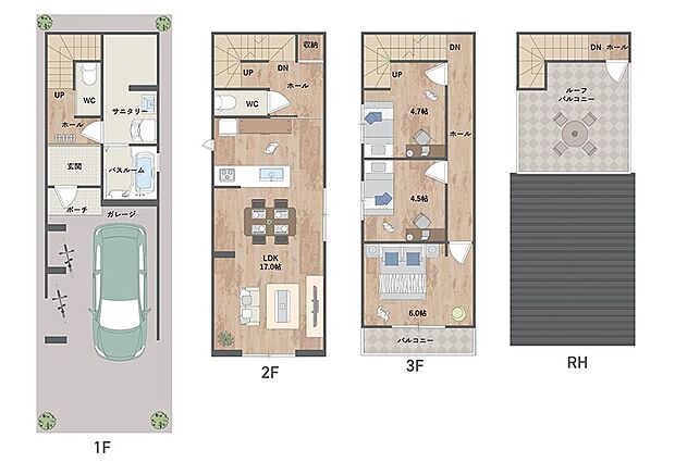ルーフバルコニー付き◎人目を気にせず過ごせる2階LDKは、キッチン~ダイニング~リビングを一直線に並べることで、より開放的な空間に。《建物面積94.17m2、建物価格1609万円》