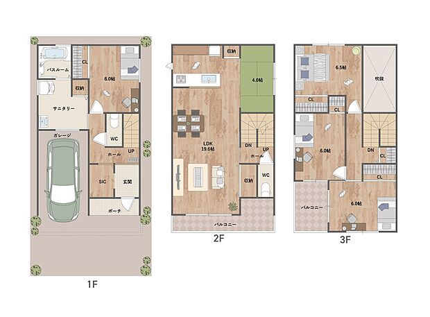 LDKはタタミコーナーを合わせると、23帖超。タタミコーナーの上部は吹抜け仕様で開放感あり。全洋室6帖以上の広さを確保したゆとりあるプランです。《建物面積123.12m2、建物価格2104万円
