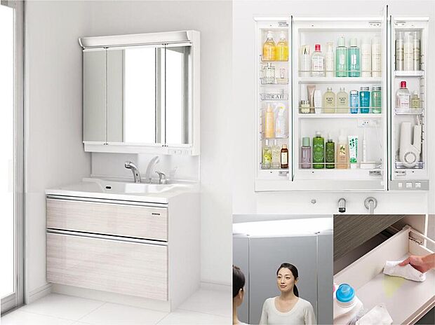 【【洗面台/ELICIO】】≪Takara standard製≫
ホーロークリーン洗面パネル、
スタイリッシュ3面鏡、ミラー裏収納、
ホーロー底板