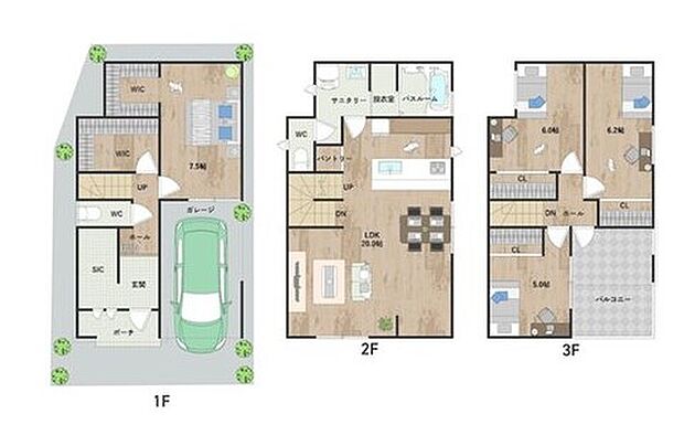2階に約20帖の広々としたLDKを配置。水回りを集約した家事動線良好なプランです。SIC、WIC2箇所、パントリーなど豊富な収納を設けています。《建物面積116.64m2、建物価格2095万円》