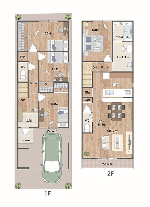 陽当り・通風・プライバシーにも配慮した18帖超のLDKには勾配天井を施し、より開放的な空間に。水回りを2階に集約し家事動線も良好です。《建物面積97.19m2、建物価格1625万円》