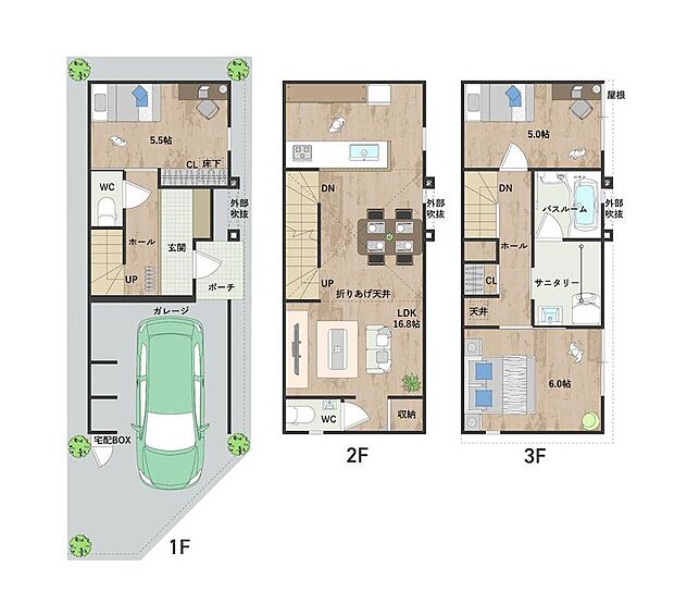 【3LDK】16帖超の広々とした2階LDKは、リビング階段、対面式キッチンを採用し、ご家族のコミュニケーションが弾む空間に。洋室3部屋は約5.0帖~約6.0帖と多用途に使いやすい広さを確保しています。