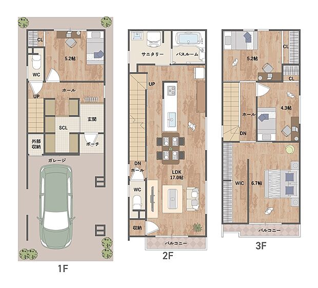 【4LDK】水回りが集約されたスムーズな動線設計。バルコニーに面したLDKは約17.0帖。1階・3階に振り分けタイプの洋室が配置され、プライベートの時間もゆったり寛げます。
