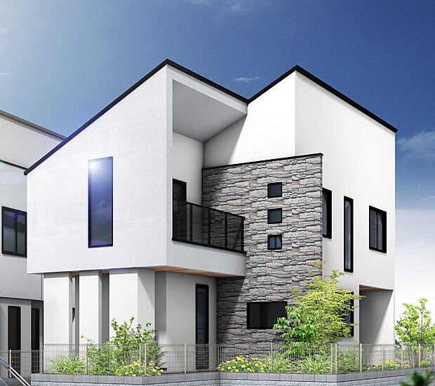 【プラン例 建物価格2180万円 建物面積面積98m2】Fredge(フレッジ)アクセントの石の印影が映し出す、豊かな個性。拘りぬいたデザインがファサードに重厚感漂う風格をもたらします。