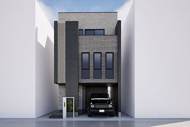 【プラン例　建物価格2300万円　建物面積100m2】縦横に配し、シンプルながらも美しい立体感、アクセントの石の陰影が映し出す、豊かな個性