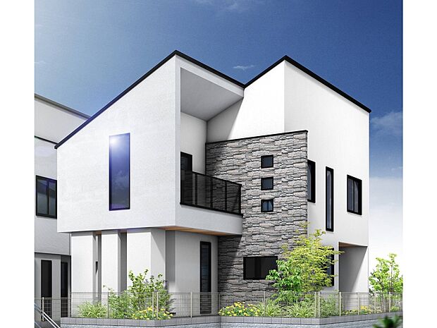 【外観】建物プラン例 建物価格2000万円(税込) 建物面積面積100m2 Fredge(フレッジ)アクセントの石の印影が映し出す、豊かな個性。拘りぬいたデザインがファサードに重厚感漂う風格をもたらします。