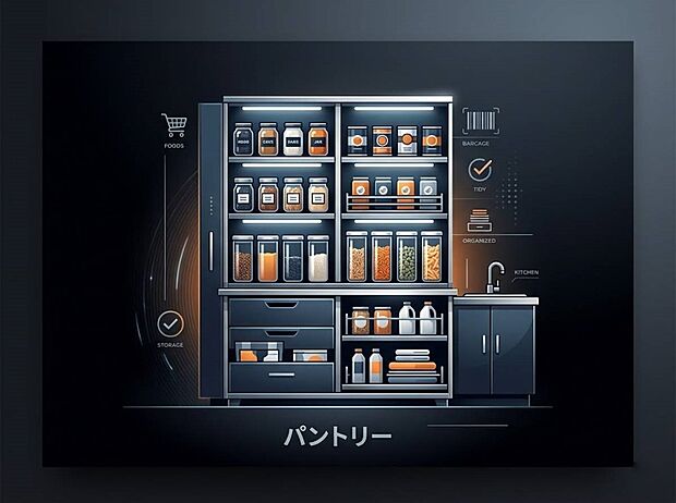 【パントリー】防災備蓄用品や食品のストックの置場にも便利なパントリーを完備。非常用の水は一人1日当たり3リットル、食料は最低3日分、できれば1週間分が必要とされています。