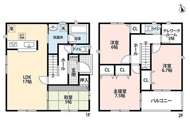 4LDK、土地面積178.27m2、建物面積102.06m2 南向きで陽当たり良好◎約17帖の広さを確保したＬＤＫは、和室と一体化して利用すると約22帖の大空間。テレワークルーム付き＾＾