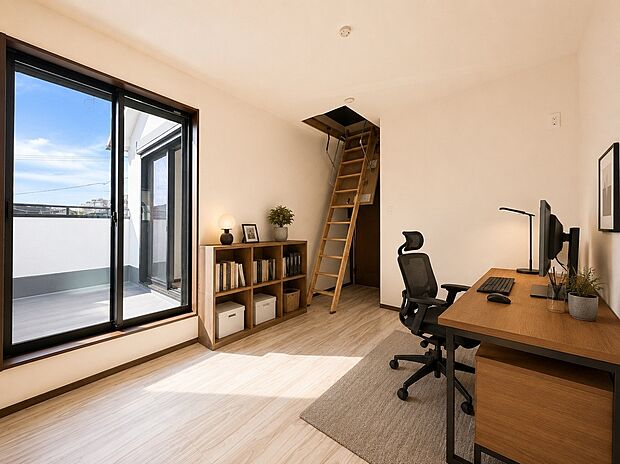 想い出の品、趣味の物、シーズン品などをたっぷりしまえる小屋裏収納付き。※本画像はAIがCGで家具作成しており、実際の現地に家具は設置されておりません。また、販売価格に家具等は含まれておりません。