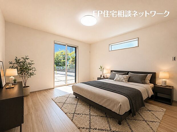 やわらかな陽光に包まれる、ゆとりある主寝室。心地よい開放感と穏やかな空気が、一日の終わりを上質な寛ぎの時間へと導きます。※CGで家具を作成しております。また、販売価格に家具等は含まれません。