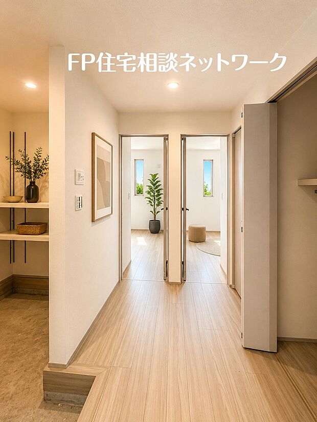 光が奥まで届く、明るく開放的な住空間。玄関から各居室へとつながる伸びやかな動線が、暮らしに心地よいゆとりを生み出します。※CGで家具・小物を作成しております。また、販売価格に小物等は含まれません。