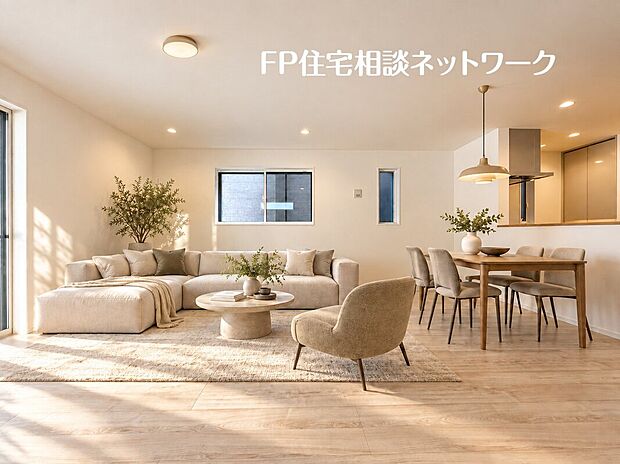 ≪B号棟≫やわらかな光が広がる17.5帖のLDK。ソファでくつろぐ時間もダイニングで囲む食卓も楽しめる空間です。キッチンまで明るく、会話も弾みそうです。※家具・小物はCGです。価格には含まれません。