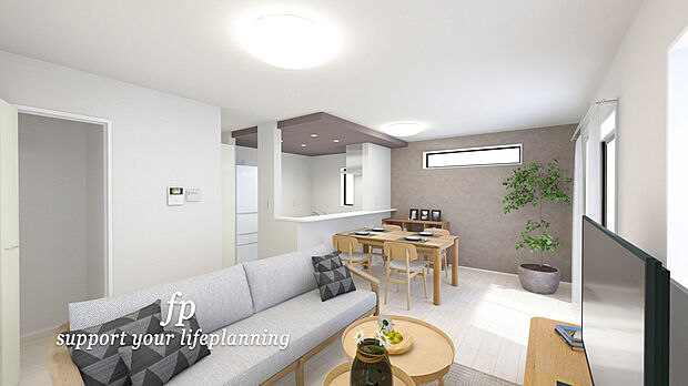 【 完成予想図~家族団らんのリビング】家族と過ごす時間を大切にしたい方にぴったりのゆとりある住空間です。窓からの日差しがリビングの隅々までしっかりと届きます。