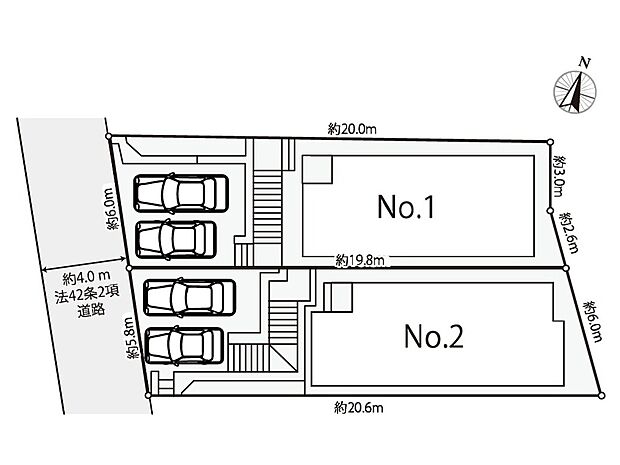 【区画図】並列2台駐車可能なカースペース(車種によります)。多用途にご利用いただけるスペースです。セカンドカーや自転車もおけますし、お車での来客も歓迎できます。