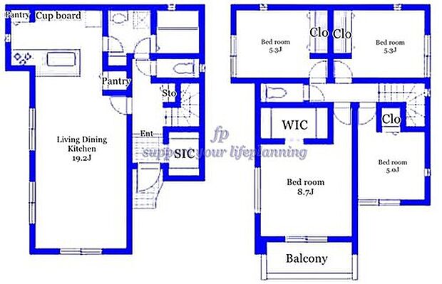【4LDK】南面バルコニー　シューズインクローク　ウォークインクローゼット　　パントリー付キッチン　リビング収納　冷暖房効率の良い玄関階段　水回り集中し家事動線良好