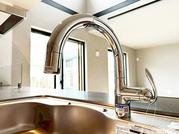 【浄水器内蔵一体型水栓】浄水器を内蔵したキッチン水栓。お米を研いだり、野菜を洗ったりするときなど用途に応じてワンタッチで浄水に切り替えが可能です。カートリッジ式なので、フィルターを簡単に交換する事が出来ます。