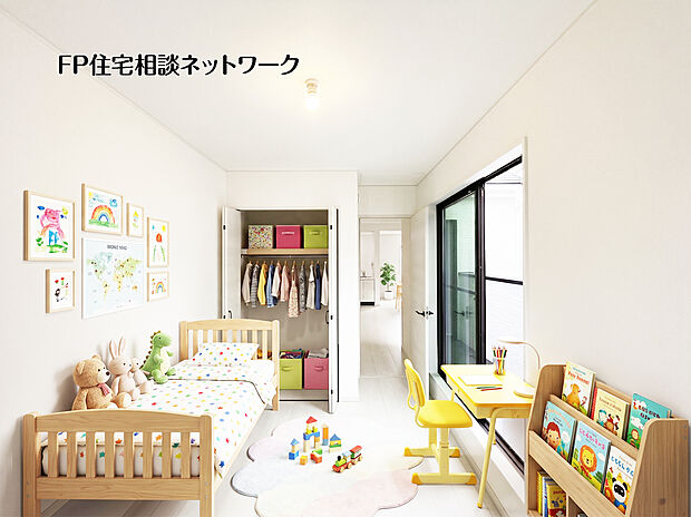 【陽当たりと風通しの良い洋室】本画像はAIがCGで家具や小物を作成しており、実際の現地には設置されておりません。また、販売価格には含まれておりません。
