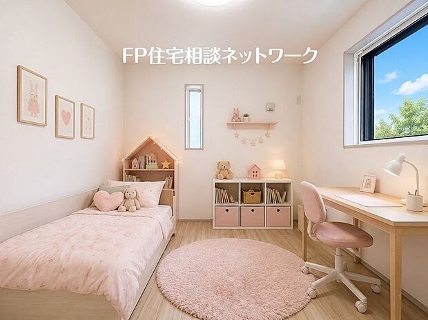 【5.2帖の洋室】やさしい陽光と可愛らしさに包まれた子ども部屋。遊びも学びも自分らしく楽しみながら、健やかな成長をそっと見守る空間です。※CGで家具を作成しております。また、販売価格に家具等は含まれません。