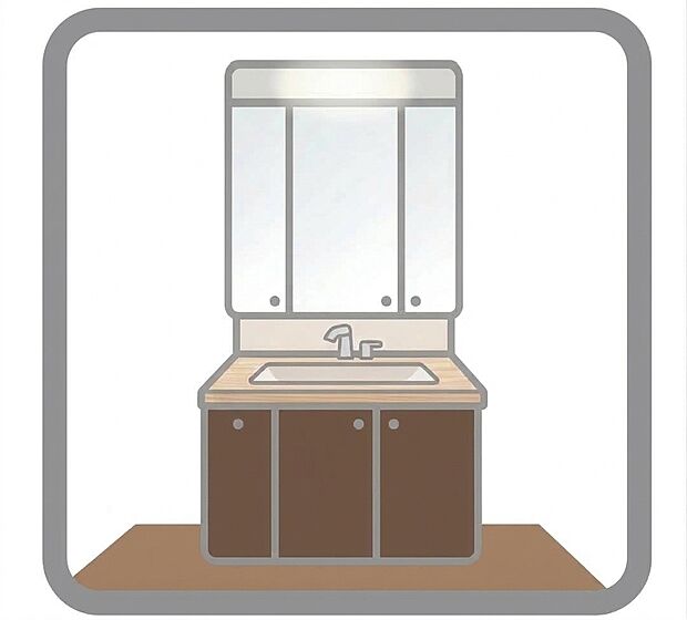 【三面鏡仕様の洗面化粧台】ゆとりの洗面スペースで朝の身支度も快適スムーズに。三面鏡で髪のセットやお化粧もストレスなくこなせ、朝から気分良く通勤通学に向かえそうですね！鏡の裏にはたっぷりと収納スペースを標準装備！
