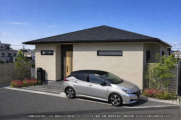 完成予想図（外観）
コンパクトなフォルムに、豊かな暮らしのアイデアを詰め込んだ住まい。暮らしやすさと美しさを両立し、DINKSやシニア世代の二人暮らしに最適な住空間を実現しました。