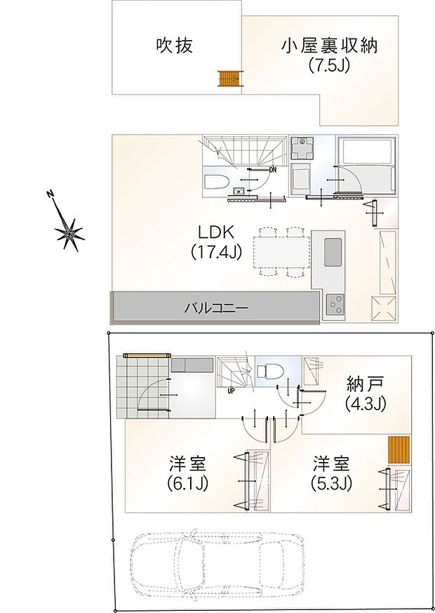 【参考プラン 2SLDK&駐車場&グルニエ】・建物面積 73.75m2
・建物価格 2200万円
・土地建物総額 8,680万円(税込)