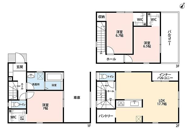2998万円、3LDK+S(納戸)、土地面積82.04m2、建物面積112.98m2 LDK広々17.7帖。パントリー・WIC3ヵ所・2面バルコニー有。全居室フローリングでお掃除ラクラク^^
