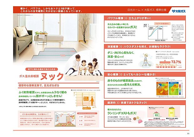 【ガス温水式床暖房【ヌック】】LDKには温水の床暖房完備　◇　輻射熱で足元から部屋中を暖める効果があります　◇　空気を汚さずお部屋もクリーンに保てます　。
床暖房は、風をおこさない輻射暖房だから、肌に風があたる不快感がないだけでなく、お部屋のホコリも巻き上げません。
温水の床暖房だから、輻射熱暖房でお部屋全体をムラなく暖め長時間暖房しても室内空気を汚さず頭がボーッとしません。