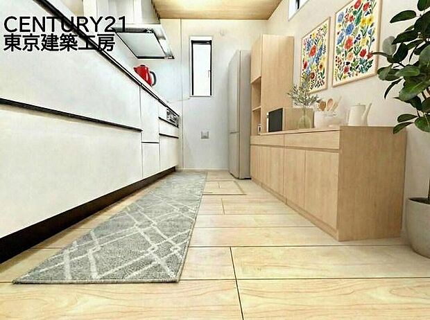 【同仕様：家具はCGにてレイアウト】
キッチンは収納数もさる事ながら、リビングで寛ぐ家族や小さなお子様を見守りながら料理が出来る「対面式の温もり設計」。